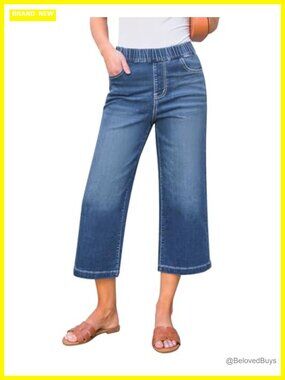Wide Leg High Waisted Pull On Stretchy Denim Capri Jeans with Pockets